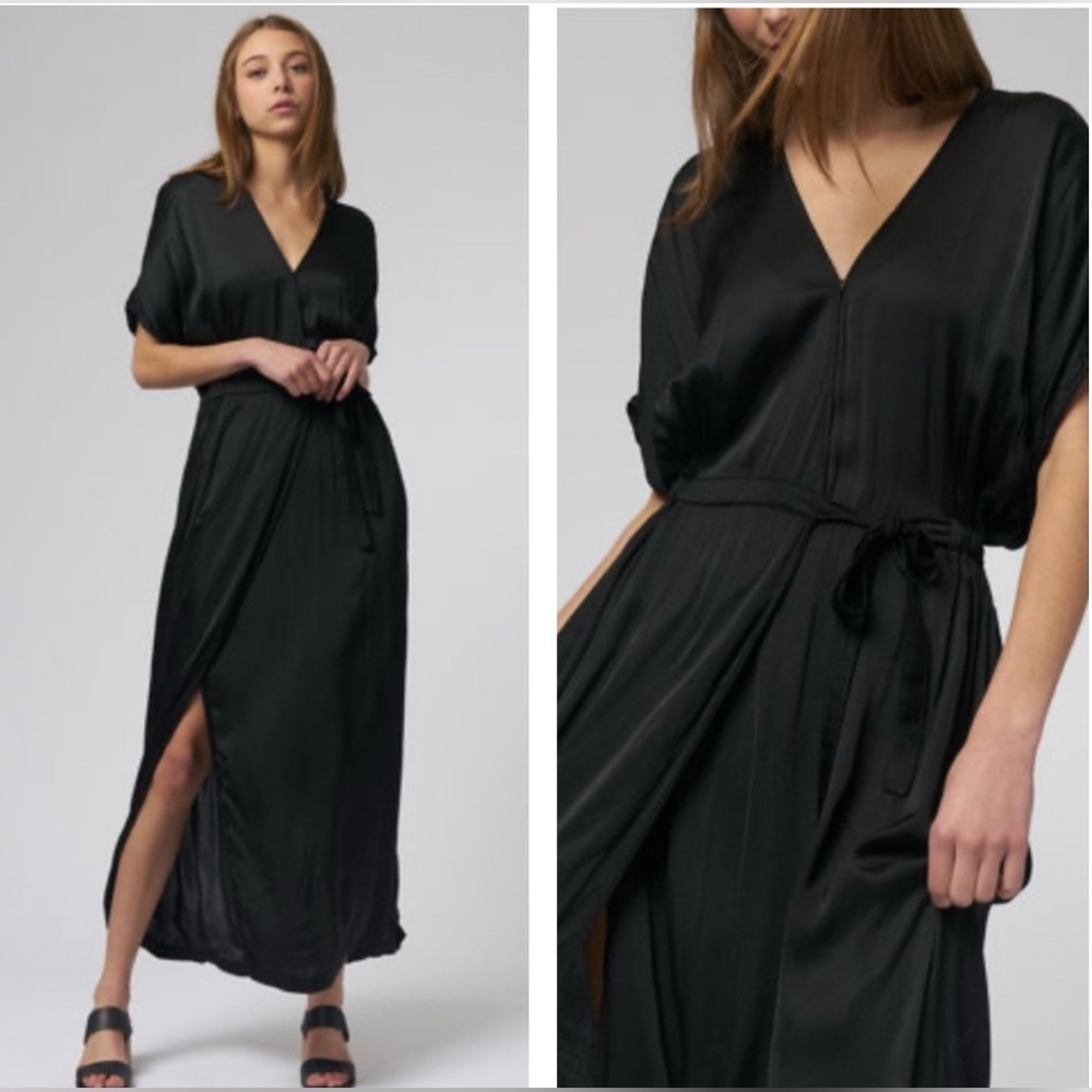 $425 Raquel Allegra Women Diane Wrap Maxi Dress Black Size 0 Small Quiet Luxury